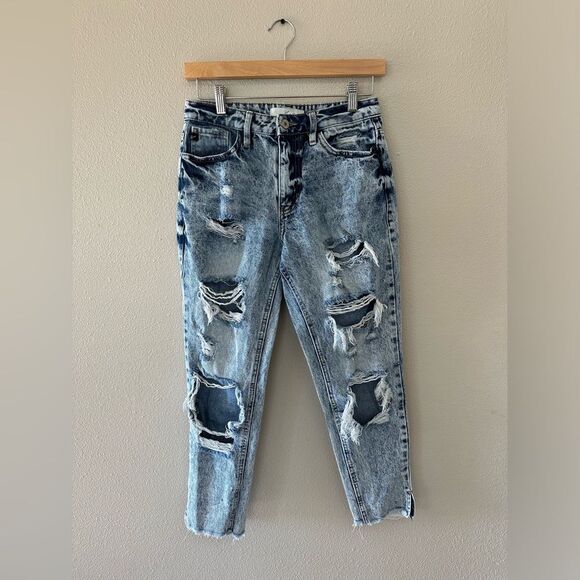 Kancan High Rise Acid Wash Mom Fit Jeans Distressed Destroyed Size 3 / 25 - Picture 1 of 8